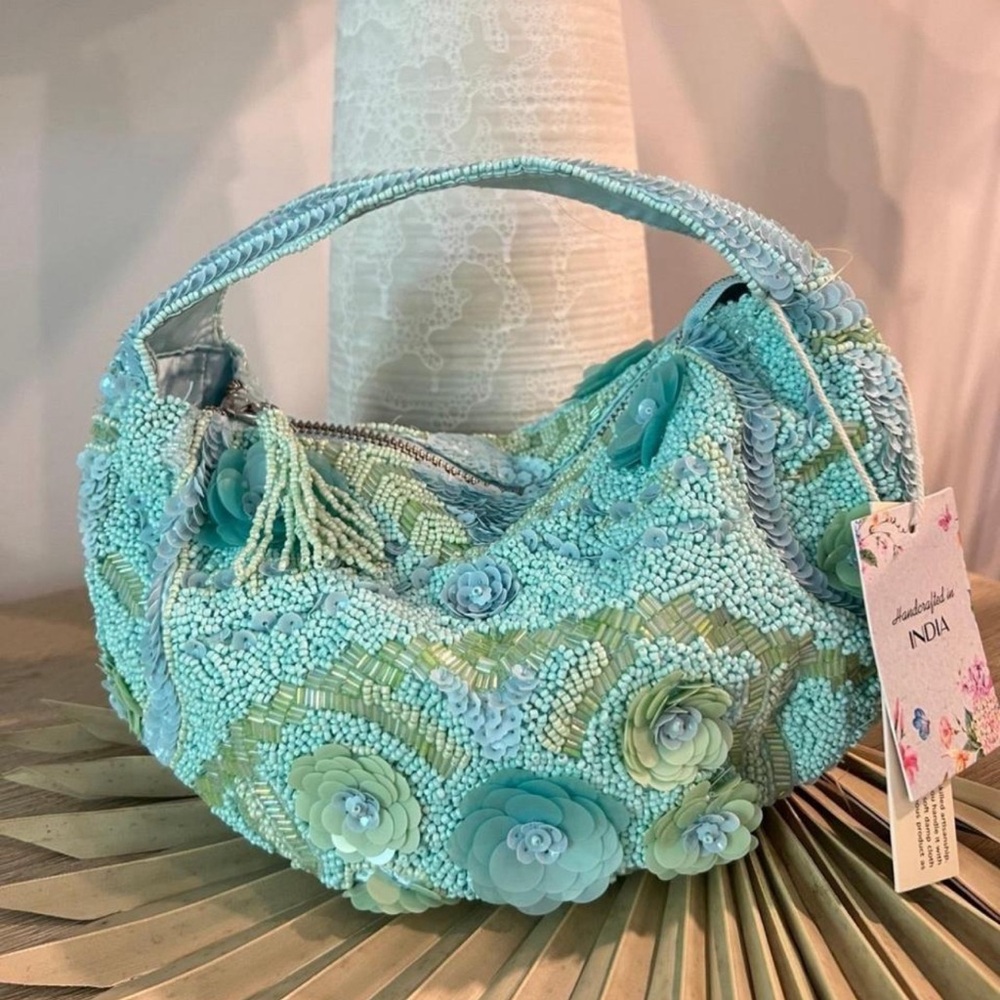 Viral Blue & Green Beaded Bag with Floral detail, NWT  Handcrafted In India